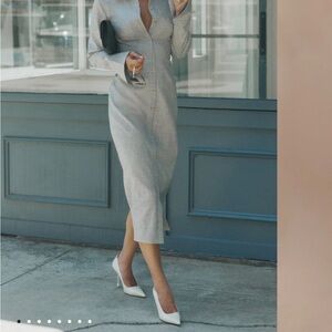 Button-Front Midi Dress in Light Gray